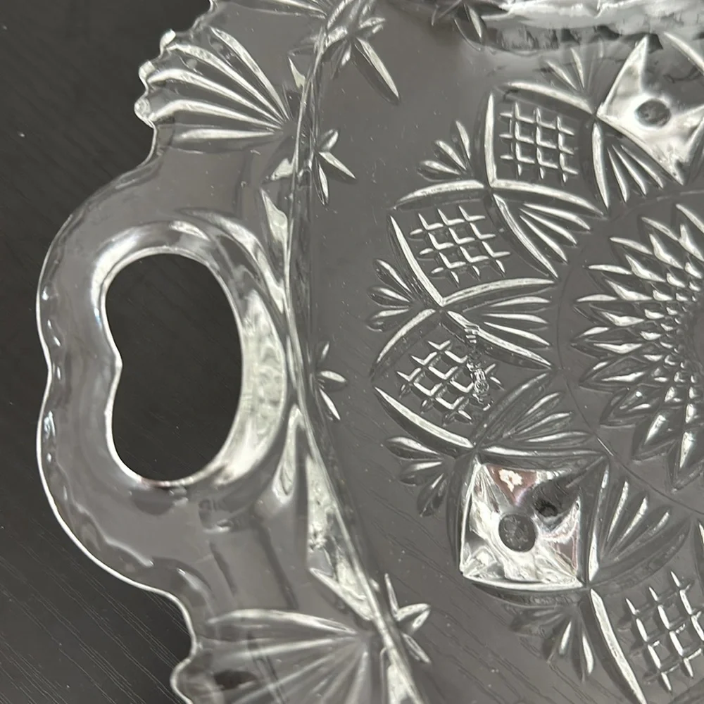 Pasari Indonesia VTG Heavy Pressed Glass Three Foot Open Handle Serving Dish